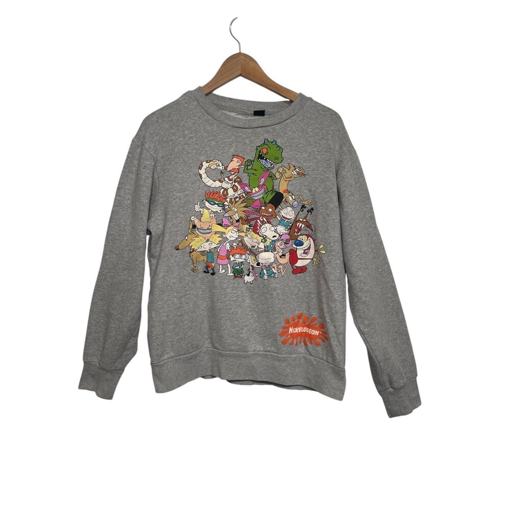 Nickelodeon Sweater Adult Medium Gray Pullover Sweatshirt 90s Kid Y2K Cartoons